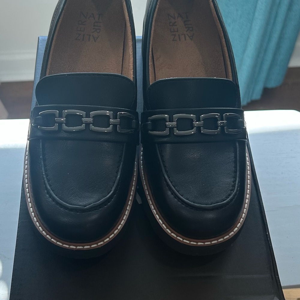 Naturalizer Black Platform Loafers with Chain Accent